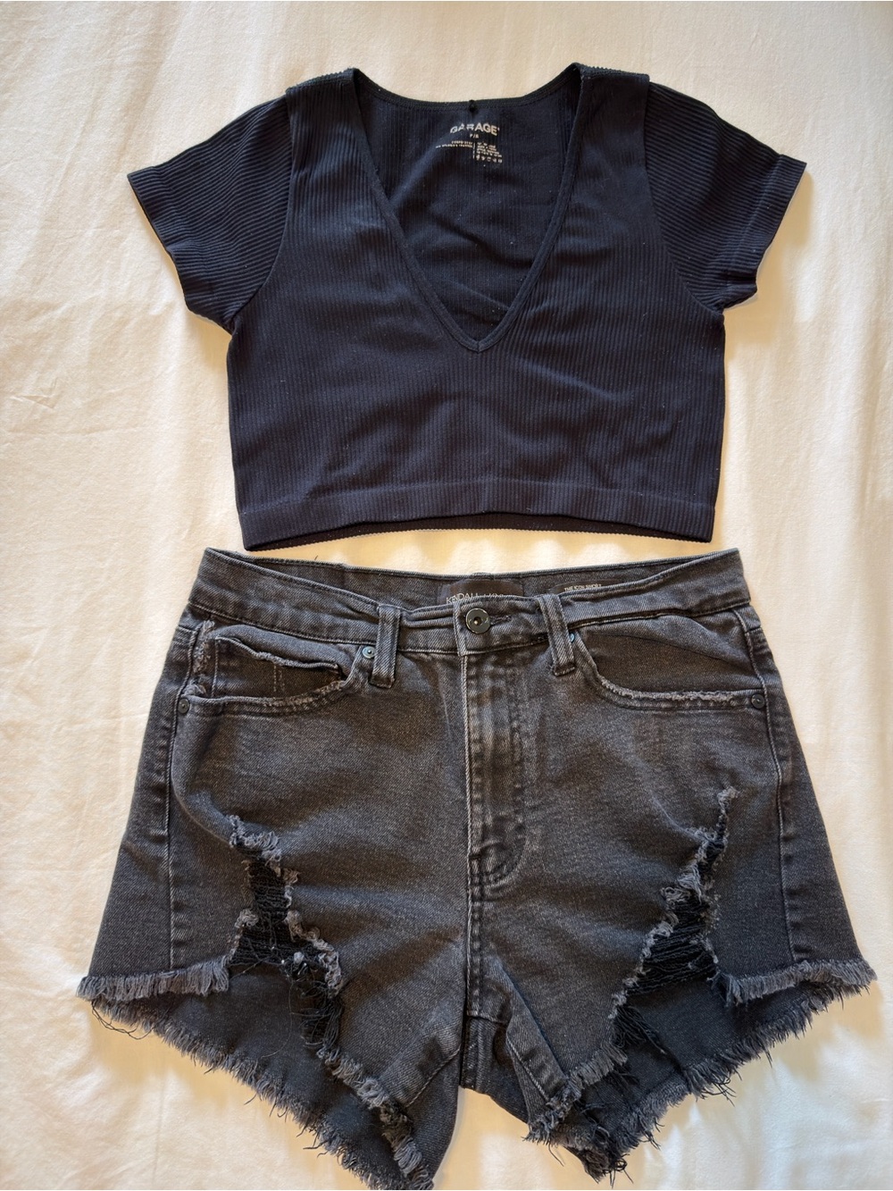 BUNDLE Garage Black Ribbed V-Neck Crop Top and Distressed Denim Shorts
